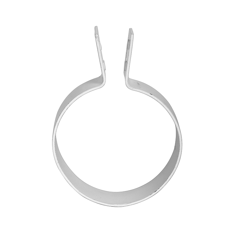 A white PVC pipe clamp with a metal-like appearance.