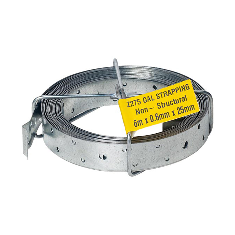 A roll of perforated metal strapping with a label indicating it is 2375 GAL strapping, non-structural, 6m x 0.6mm x 25mm.