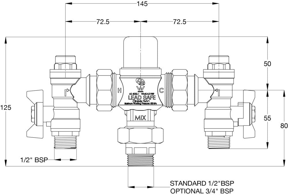 CliniMix® Lead Safe™ Thermostatic Mixing Valve (TMV) With - 15 Inlet & 15/20 Outlet