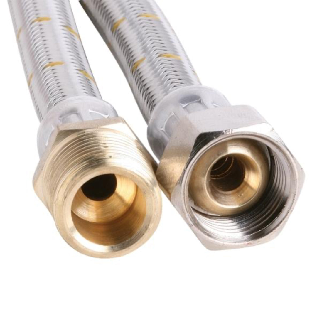 Close-up of two stainless steel gas hoses with brass fittings, showing the connectors and the braided hose structure.