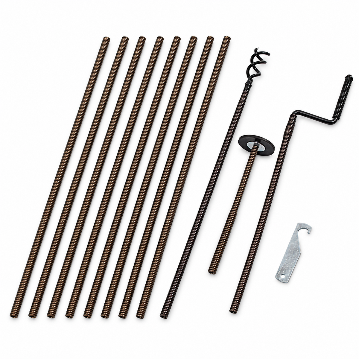 plumBOSS Coil Spring Drain Rodding Kit - 30ft Rods, 4in Plunger, Double Worm Screw, Rod Key, Crank Handle | PBKIT-COIL
