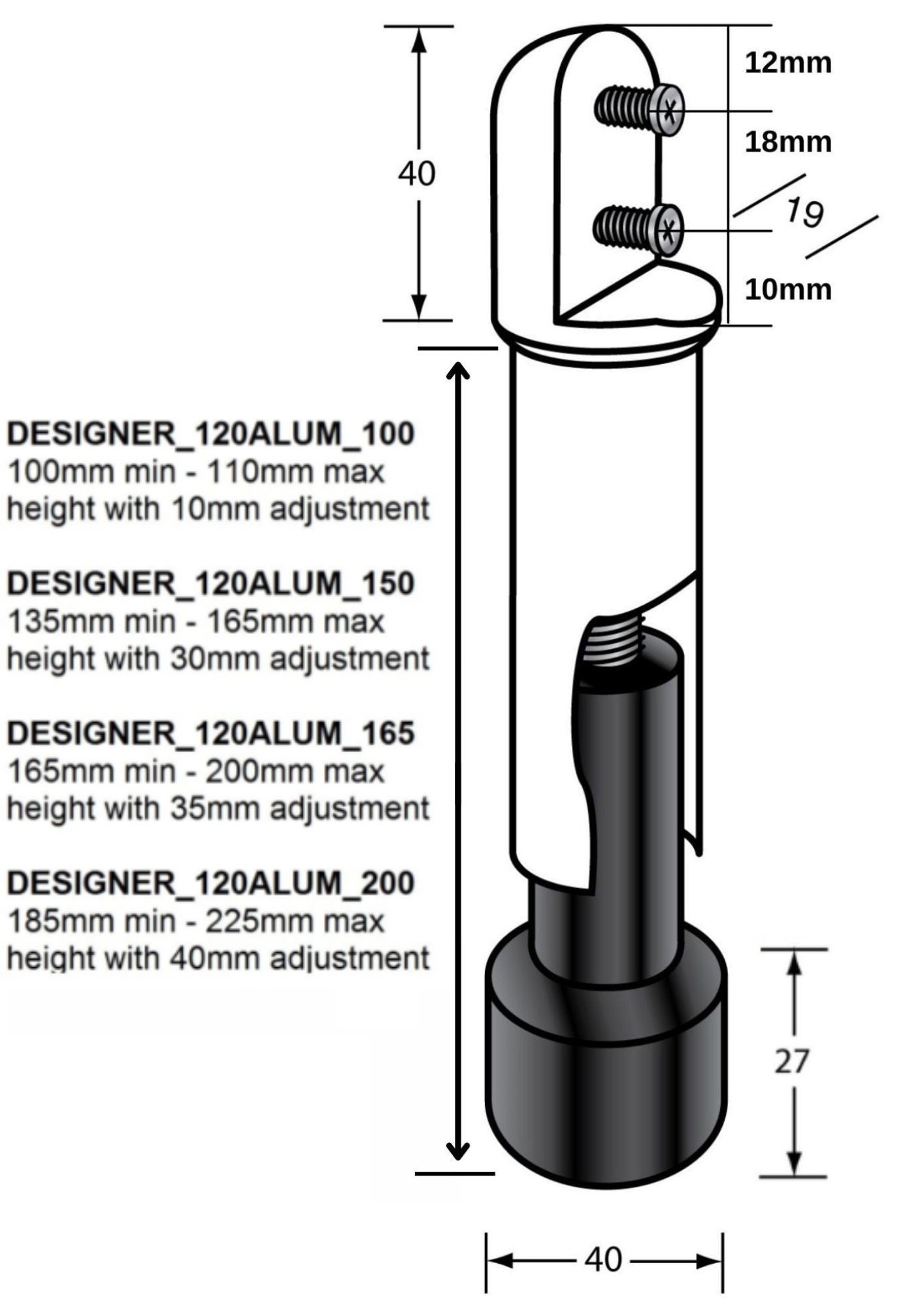 Heavy Duty Aluminium Leg in Designer Black