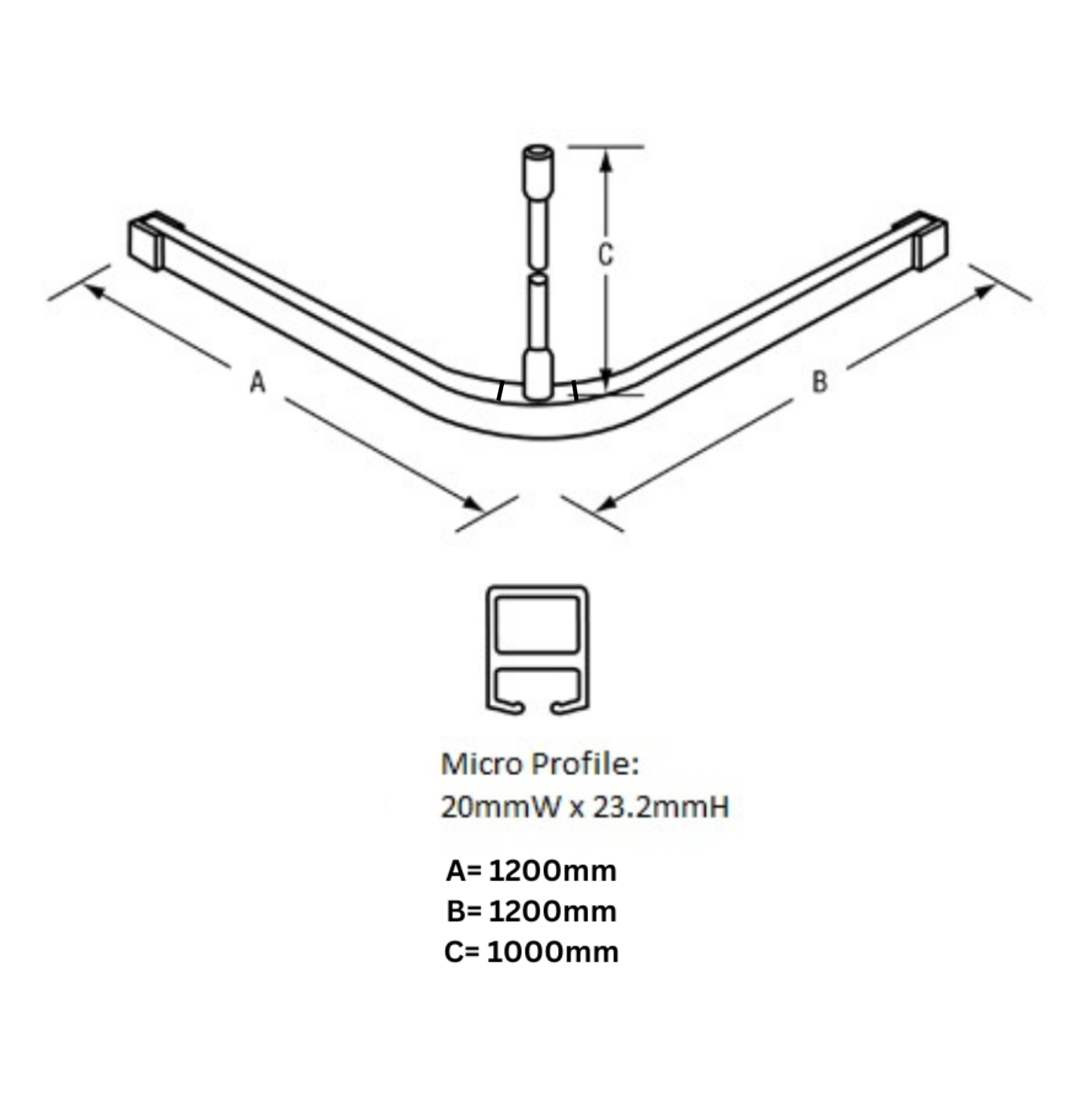 1200mm x 1200mm L Bend Shower Curtain Track System in Designer Black
