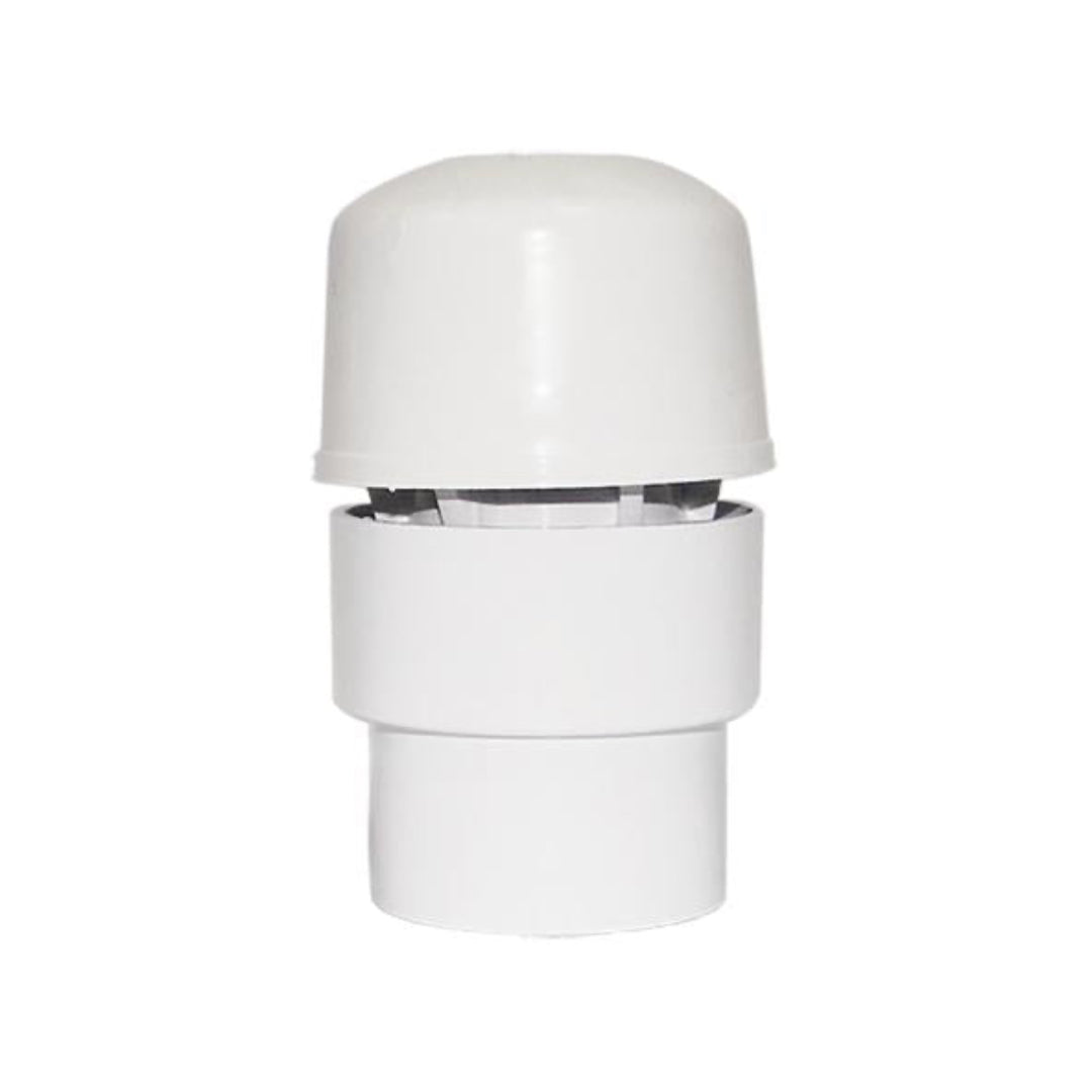 A white air admittance valve with adaptor for 32-40-50 mm, made of PVC, designed for connection to waste pipes.