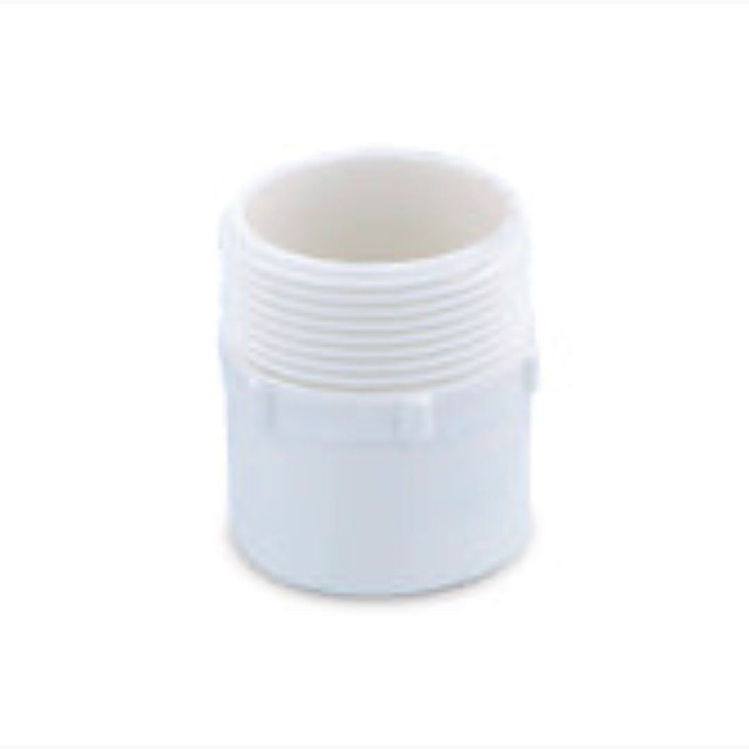 A white DMV male connector for plumbing, with a cylindrical shape and a male thread design.