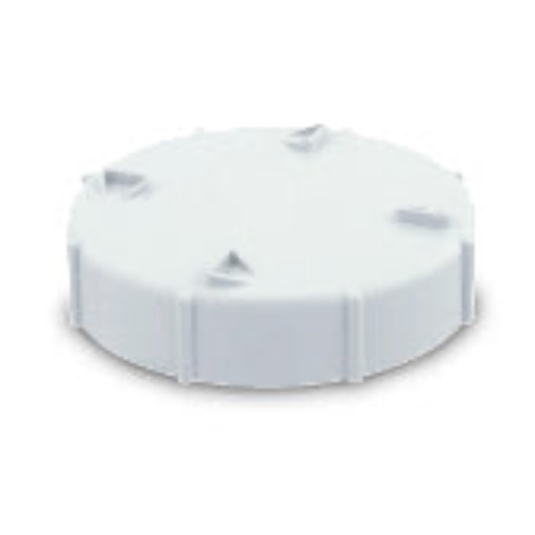 A white, solid-colored, threaded drain cover.