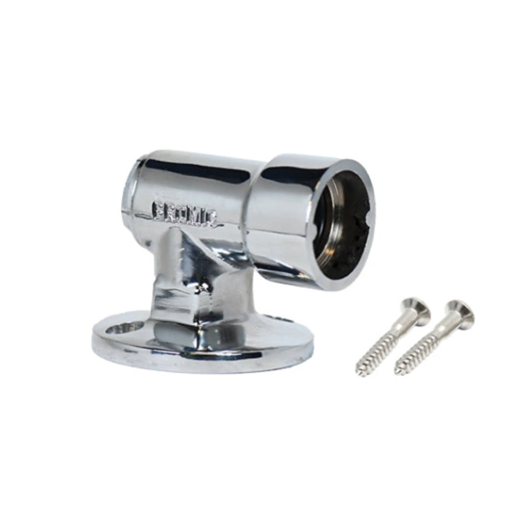 Chrome plated floor socket with a 1/2" female bayonet and a dust cap, includes mounting screws.