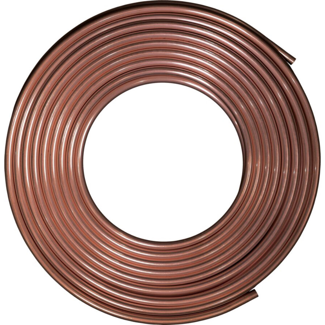 Coiled copper tubing on a white background