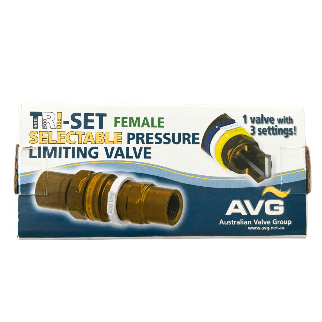 Packaging for the 15mm Triset Pressure Limiting Valve with 1/2" Female BSP connection, showing the product and its brand, AVG Australian Valve Group.