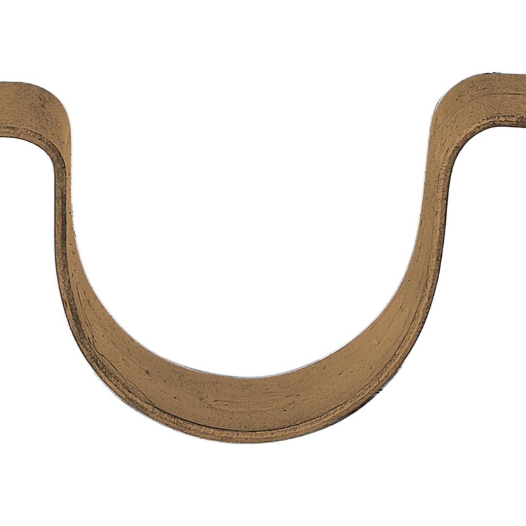 A bronze-colored saddle clip for copper pipe.