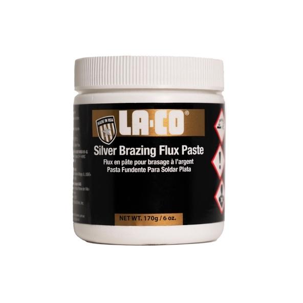 A jar of LA-CO Silver Brazing Flux Paste, with label detailing product use and specifications.