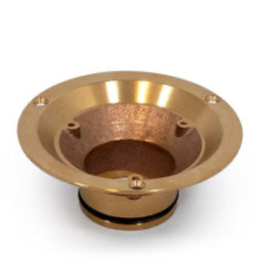 A set of four cast bronze vinyl flanges with a polished brass finish, designed for use in showers, floors, and roofs.