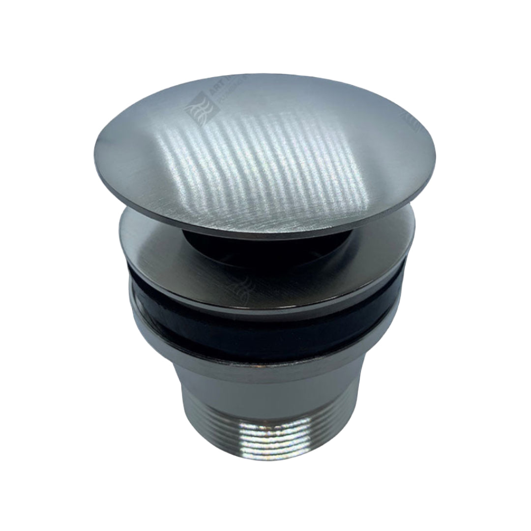 A silver-colored Four-In-One mushroom-shaped pop-up drain plug.