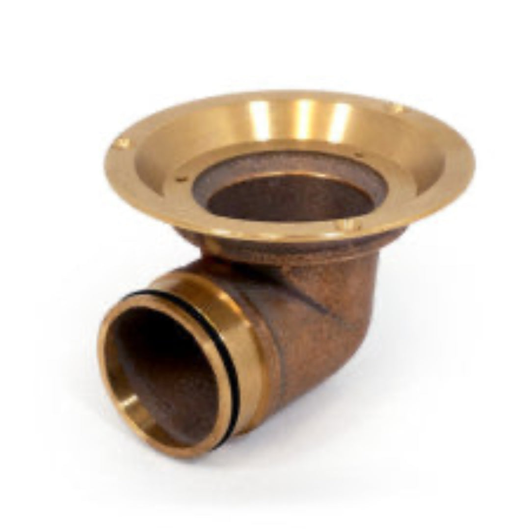A set of four cast bronze vinyl flanges with a polished brass finish, designed for use in showers, floors, and roofs.
