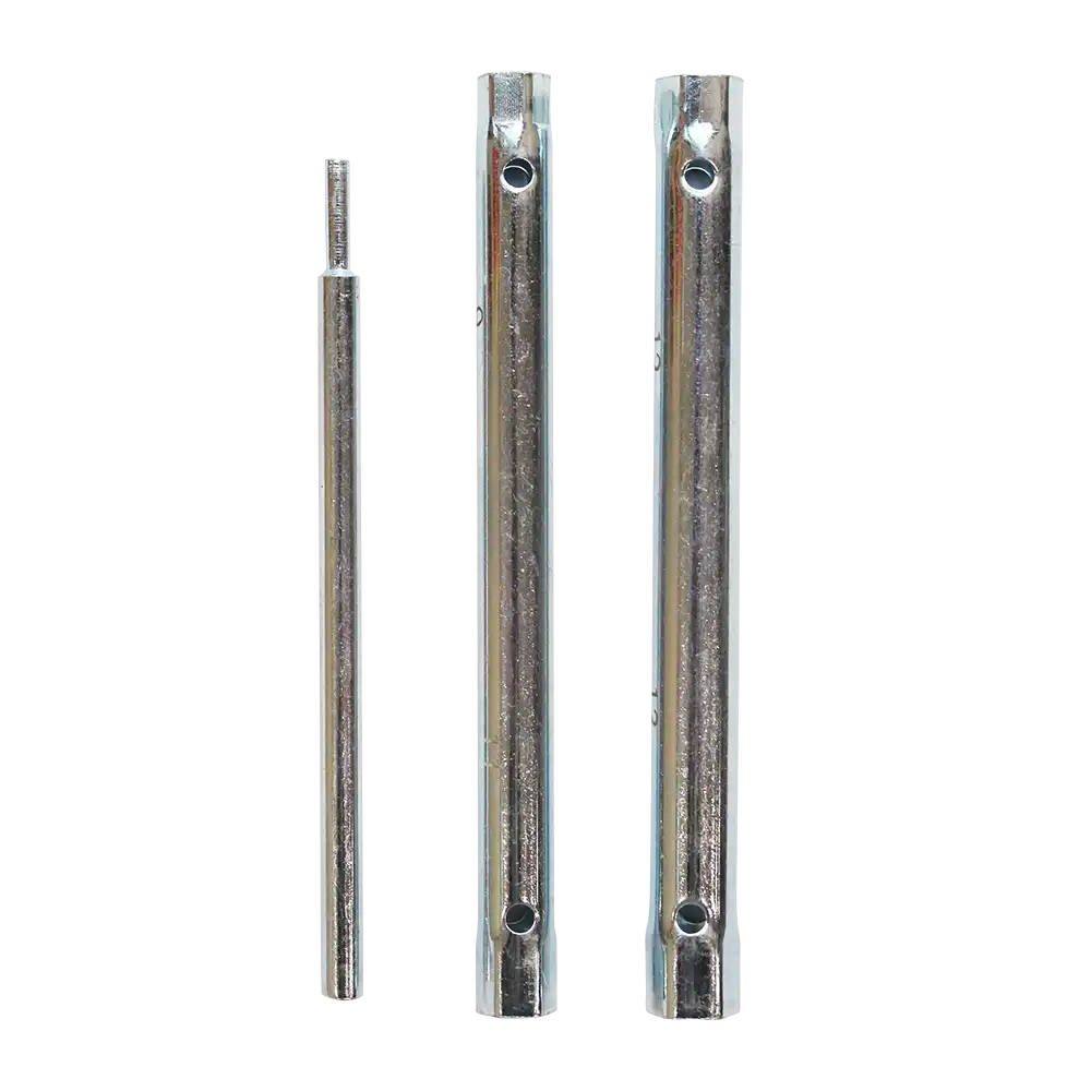 A set of three silver-colored mixer tap spanners of different sizes, displayed side by side.