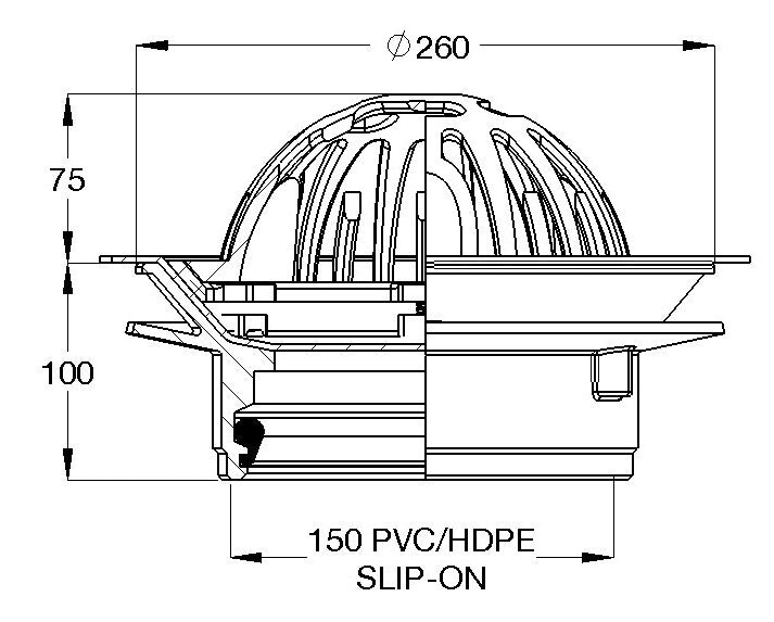 Domed Vertical Rain Water Outlet (with Membrane Clamp Ring) 150PVC/HDPE