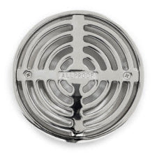 Polished stainless steel drain on a white background
