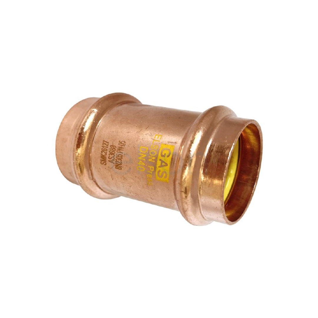 Copper pipe fitting with 'Gas' label on a white background