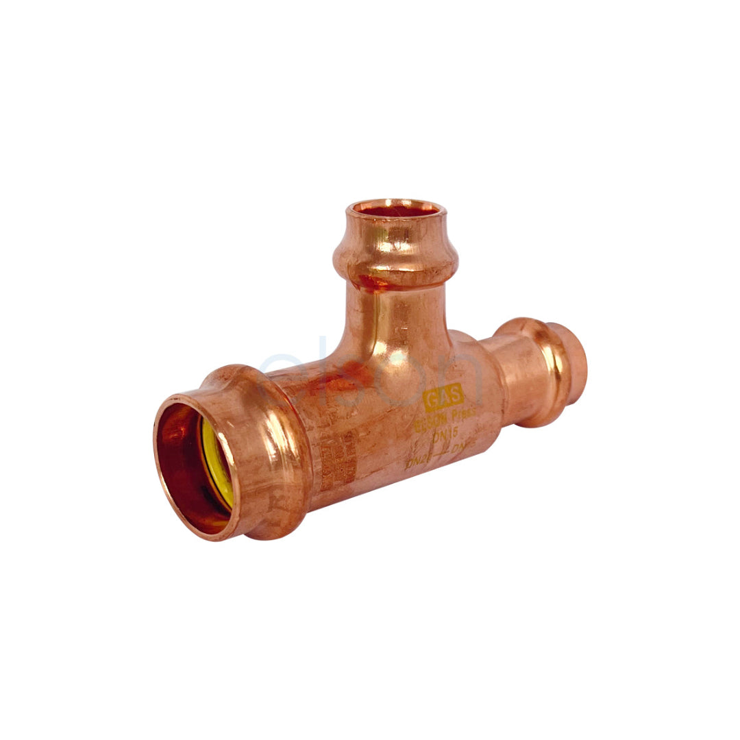 A copper press gas tee fitting with a red marking inside the branch connection.