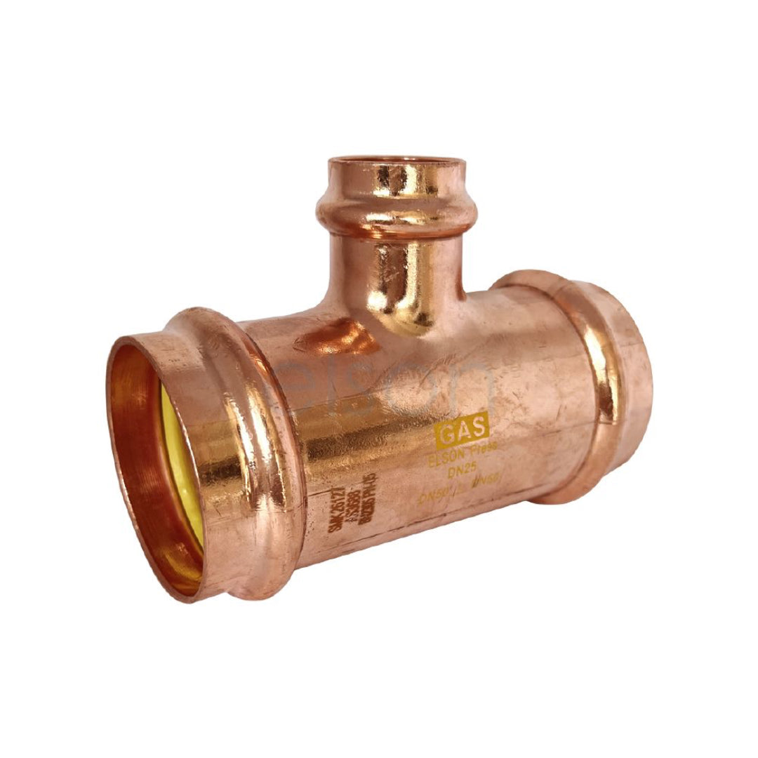 Copper pipe fitting with 'GAS' marking on a white background
