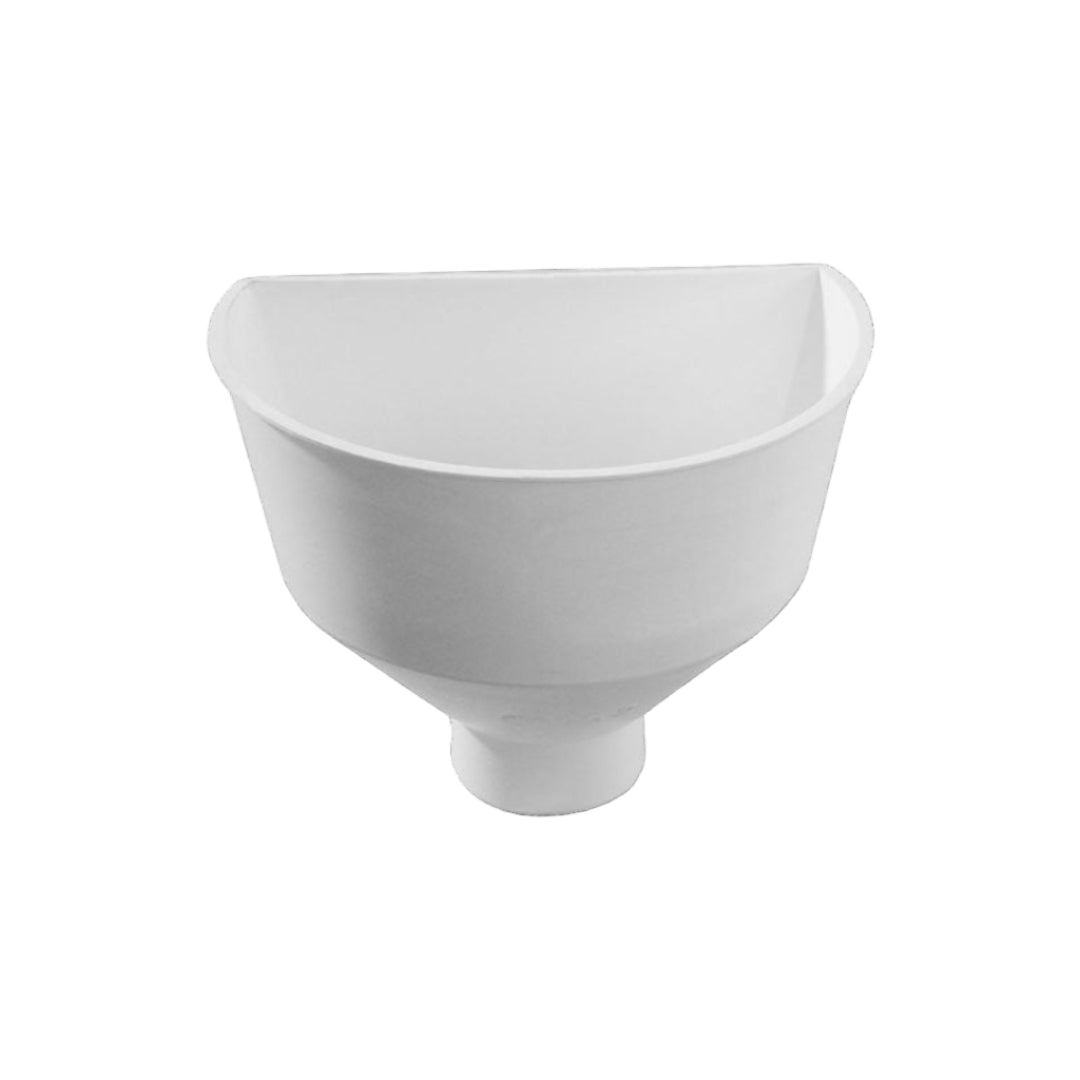 A white funnель-shaped rainwater head designed to fit onto a gutter.