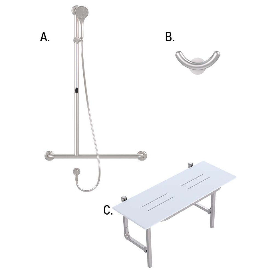 Accessible Shower Recess 01820 Combination Set Clam Flange Brushed Stainless WELS 3 Star - 9L/min Left Hand