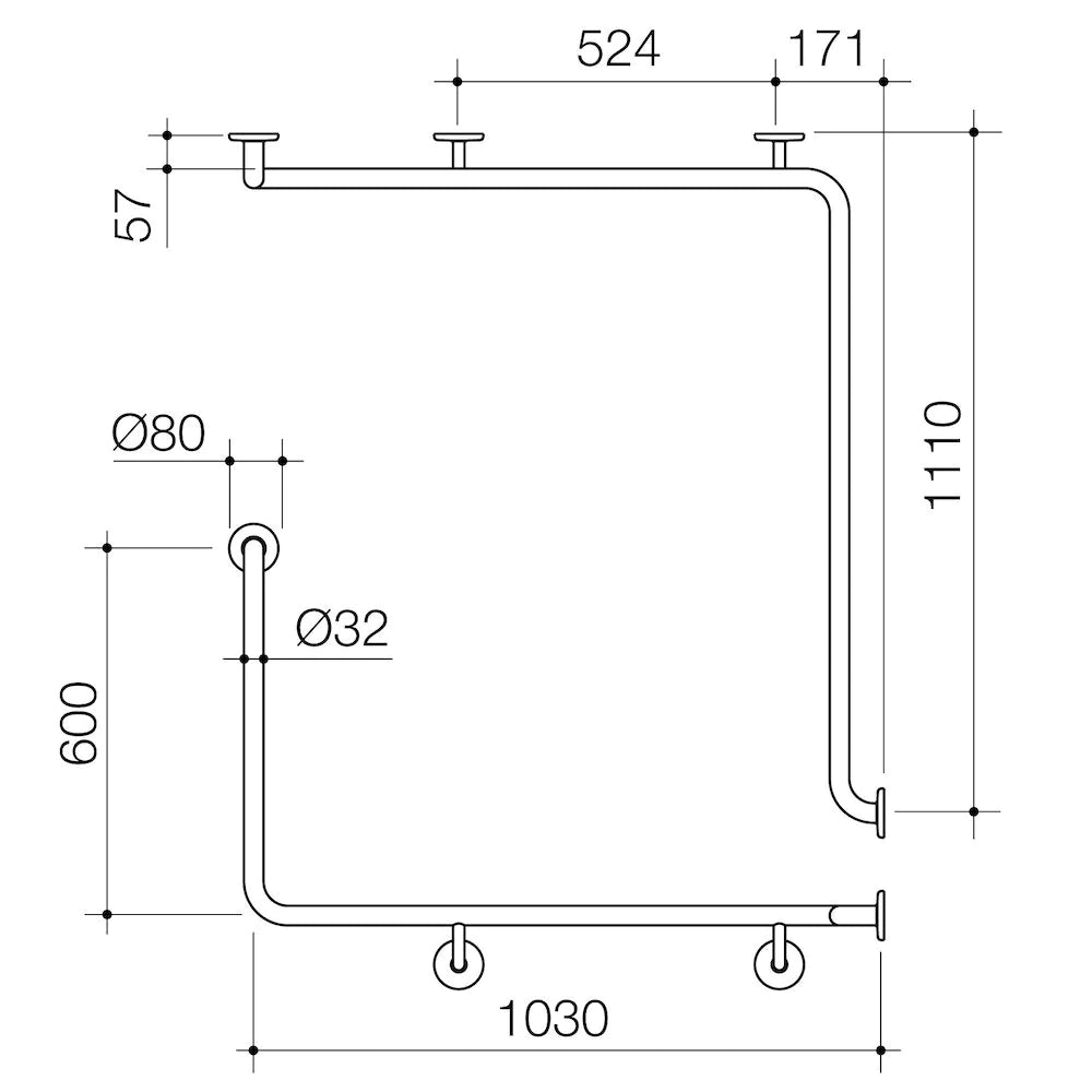 Care Support Grab Rail - 90 Degree Angled 1110x1030x600 RH - Stainless Steel