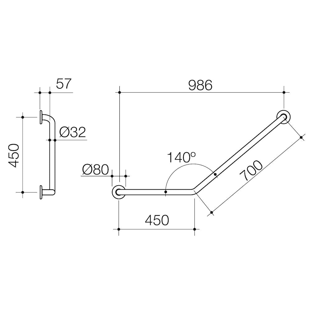 Care Support Grab Rail - 140 Degree Angled 450x700 LH - Stainless Steel