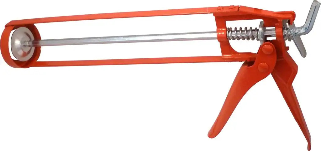 Red caulking gun with a metallic spring and translucent tube, with an adjustable trigger handle.