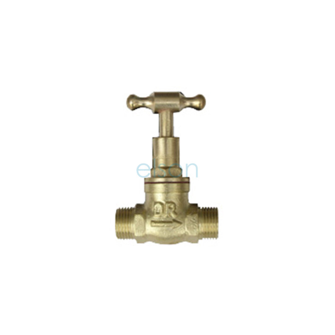 A brass T-shaped plumbing valve with a male thread and a rough finish.