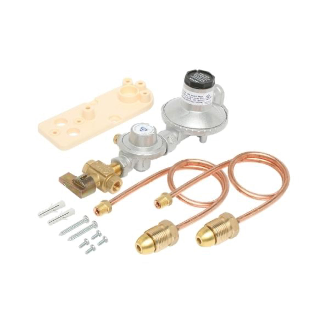 An image showing a Dual Cylinder LPG Installation Kit which includes a regulator, bracket, pigtails, adaptors, and screws.