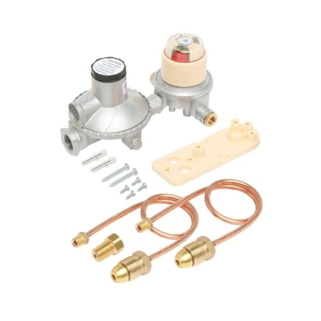 Dual cylinder LPG installation kit including regulator, bracket, pigtails, and various connectors.