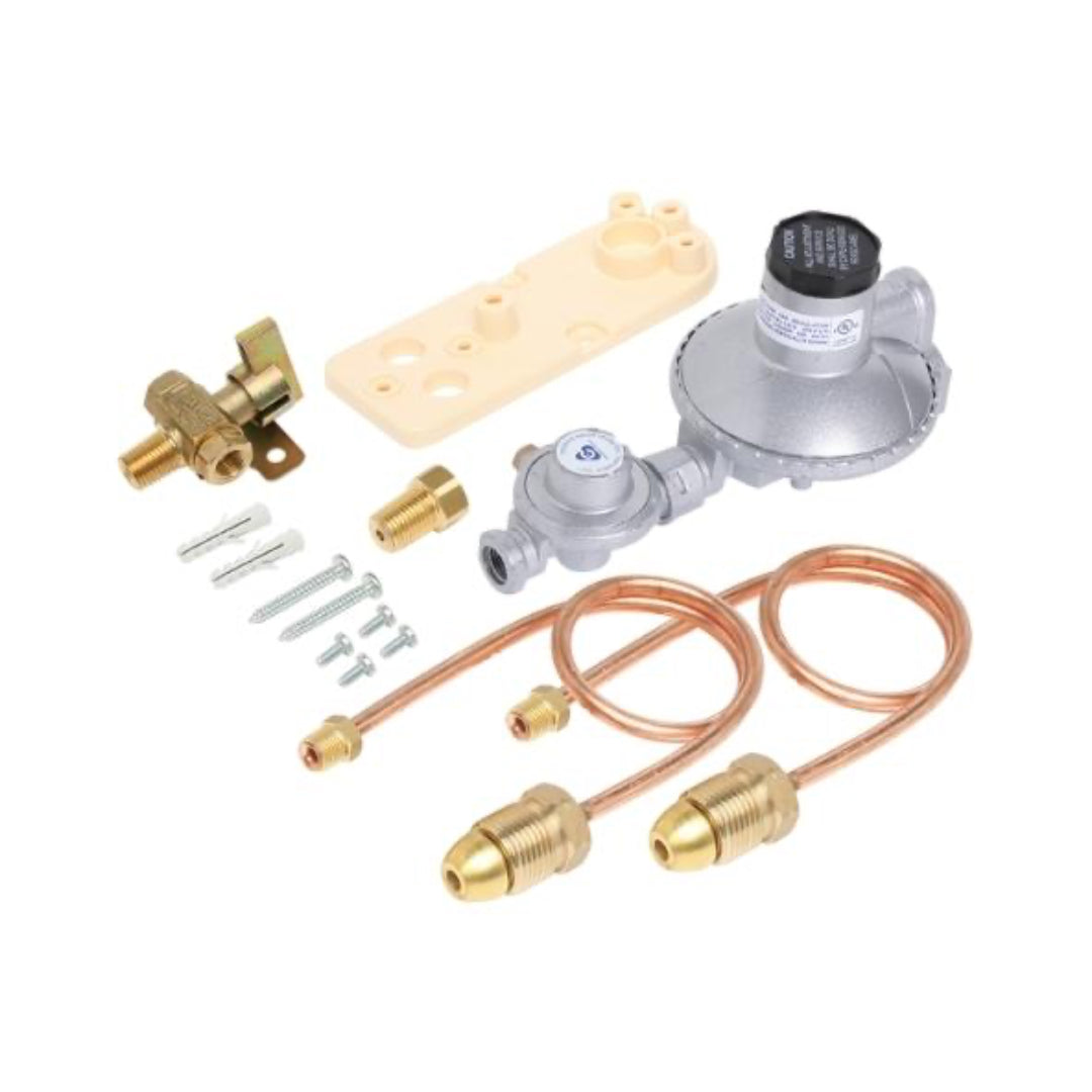 An LPG installation kit featuring a dual cylinder regulator, bracket, pigtails, and other components.