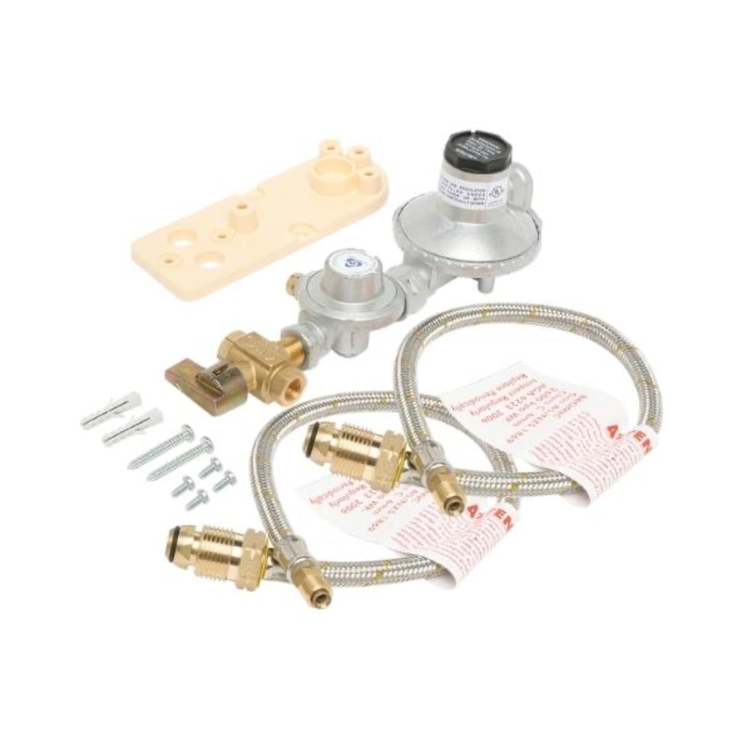 An image of a Bromic dual LPG cylinder installation kit, featuring a regulator, pigtails, adaptor, bracket, and screws laid out on a white background.