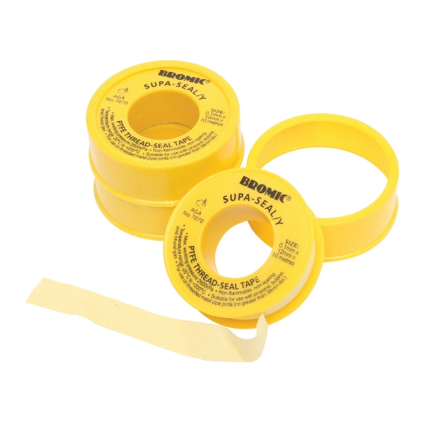 Rolls of yellow P.T.F.E. thread seal tape with the brand name 'Bromic' visible on the tape.