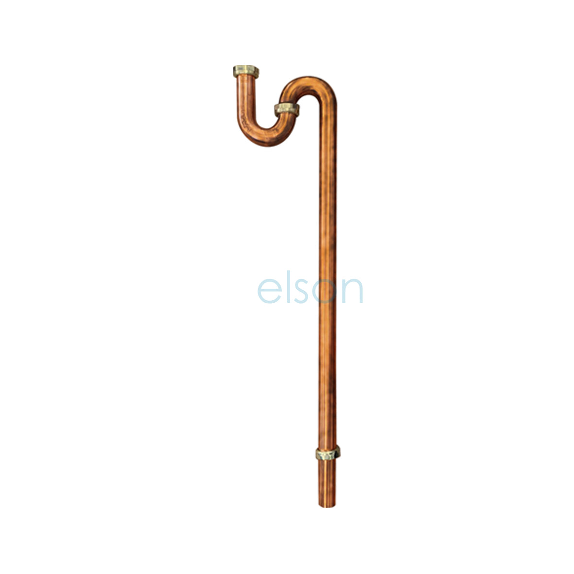 A copper finish plumbing trap pipe with loose nuts on either end.