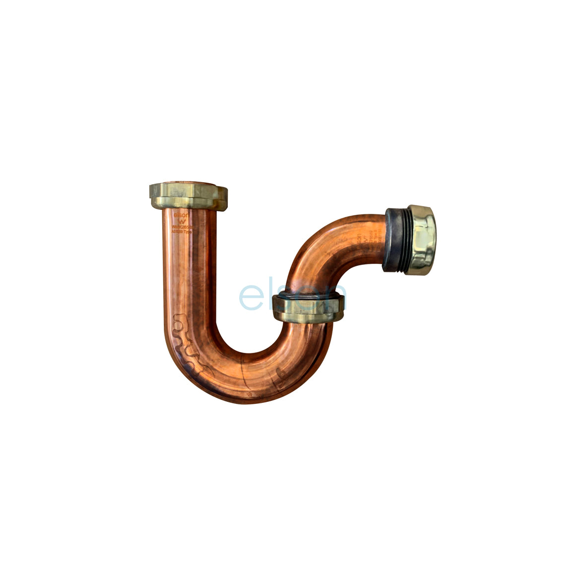 A copper finish P trap pipe with rubber gaskets at both ends.