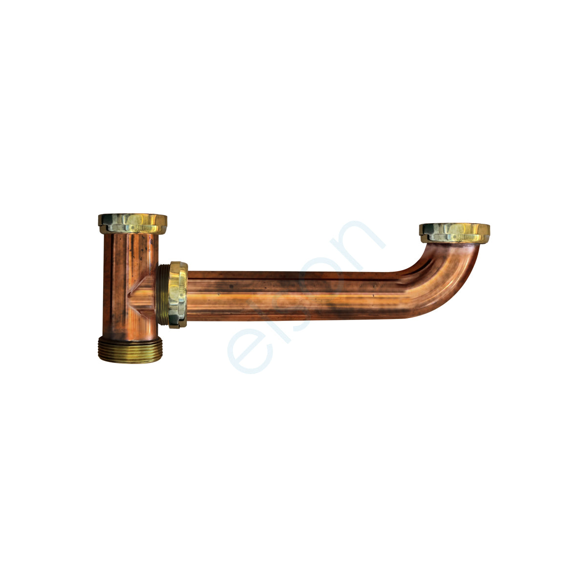 A copper double bowl connector with a copper finish, depicted on a plain background, primarily used in plumbing systems.