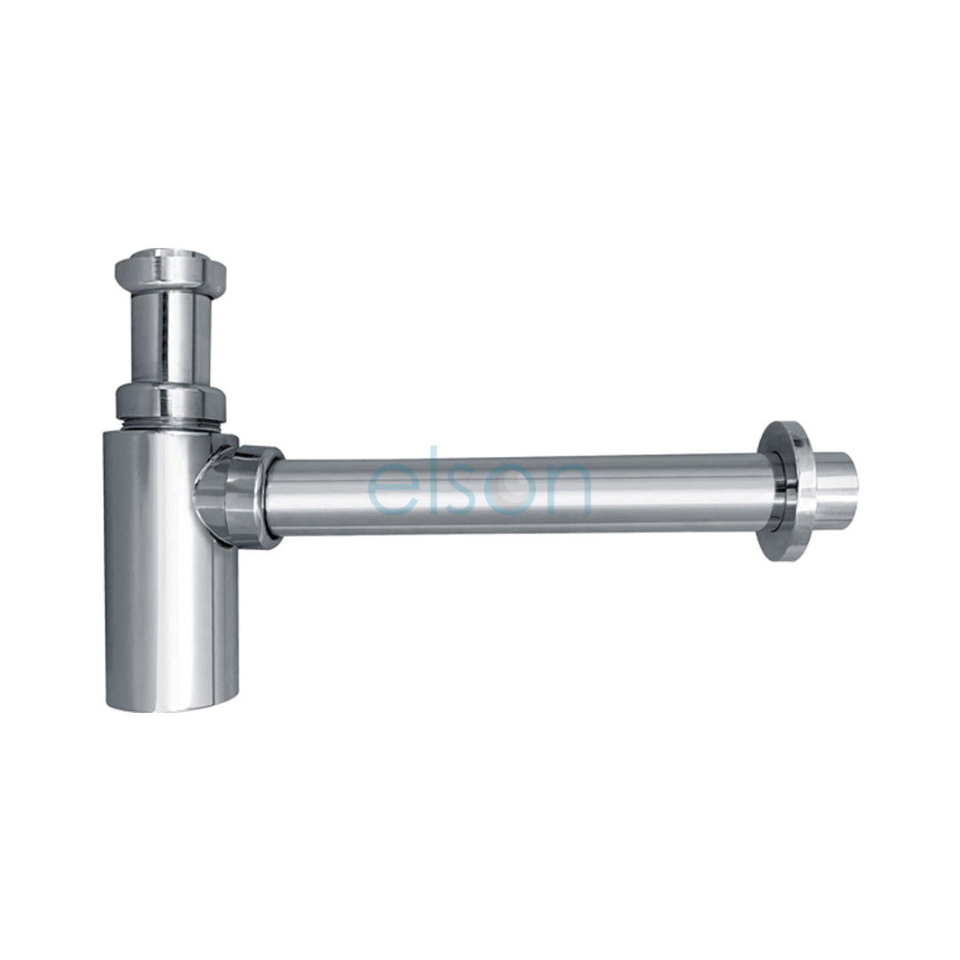 Chrome plated copper bottle trap with a lever handle and a chrome finish.