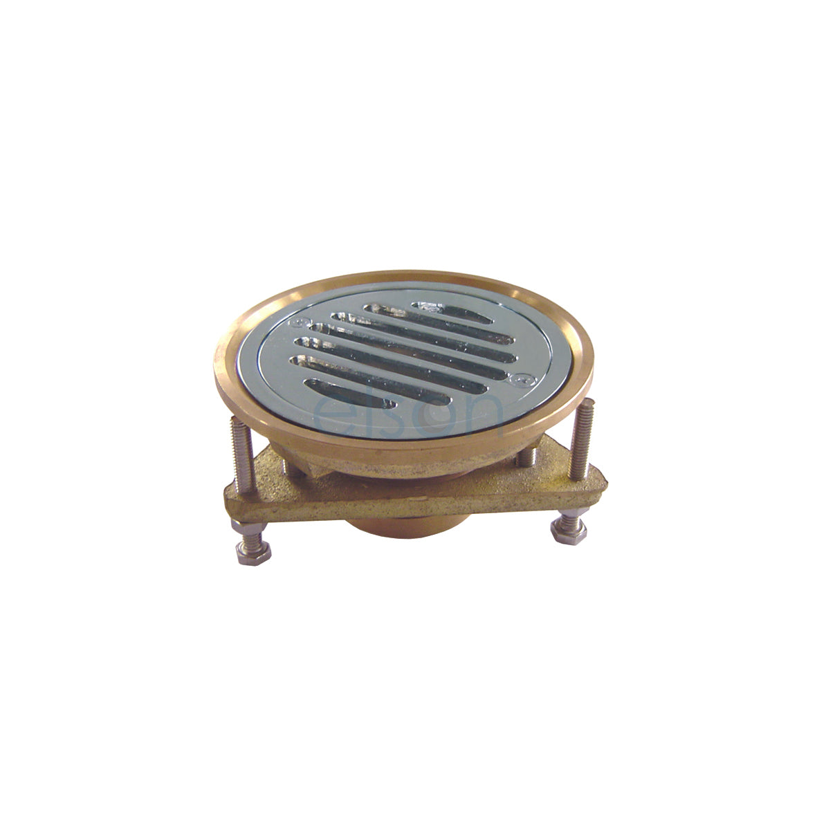 A chrome plated vinyl floor waste with a floor fixing plate.