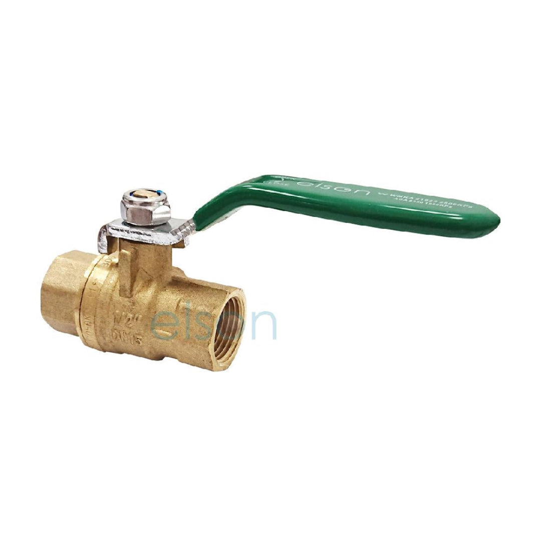 A 15mm ball valve with a dual-approved female/female connection, made of brass with a heavy-duty green handle.