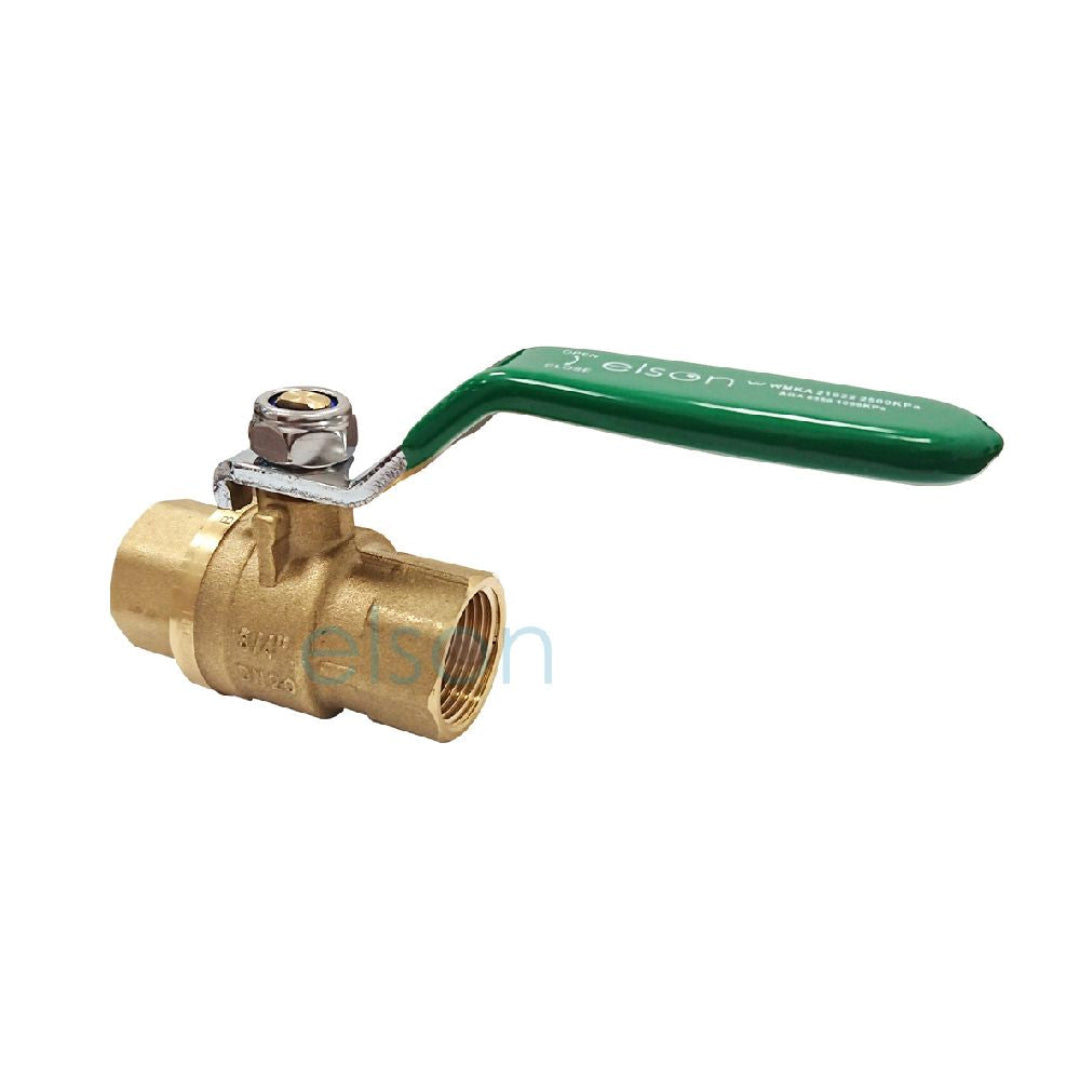 A brass heavy duty ball valve with a green handle for dual approved water and gas, with Rp 3/4 female/female connection type.