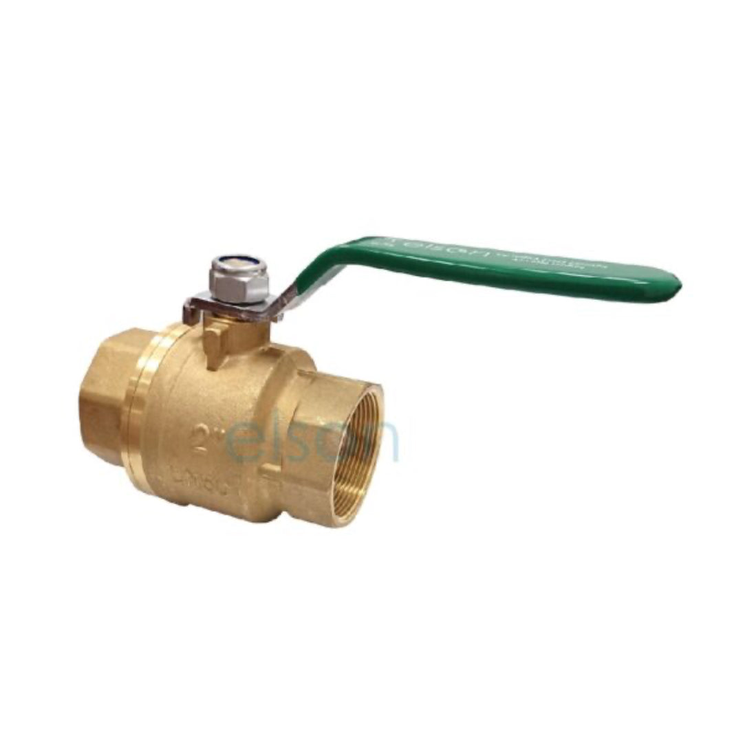 A gold-colored brass ball valve with a dual-approved DR brass construction and a heavy duty green lever handle.