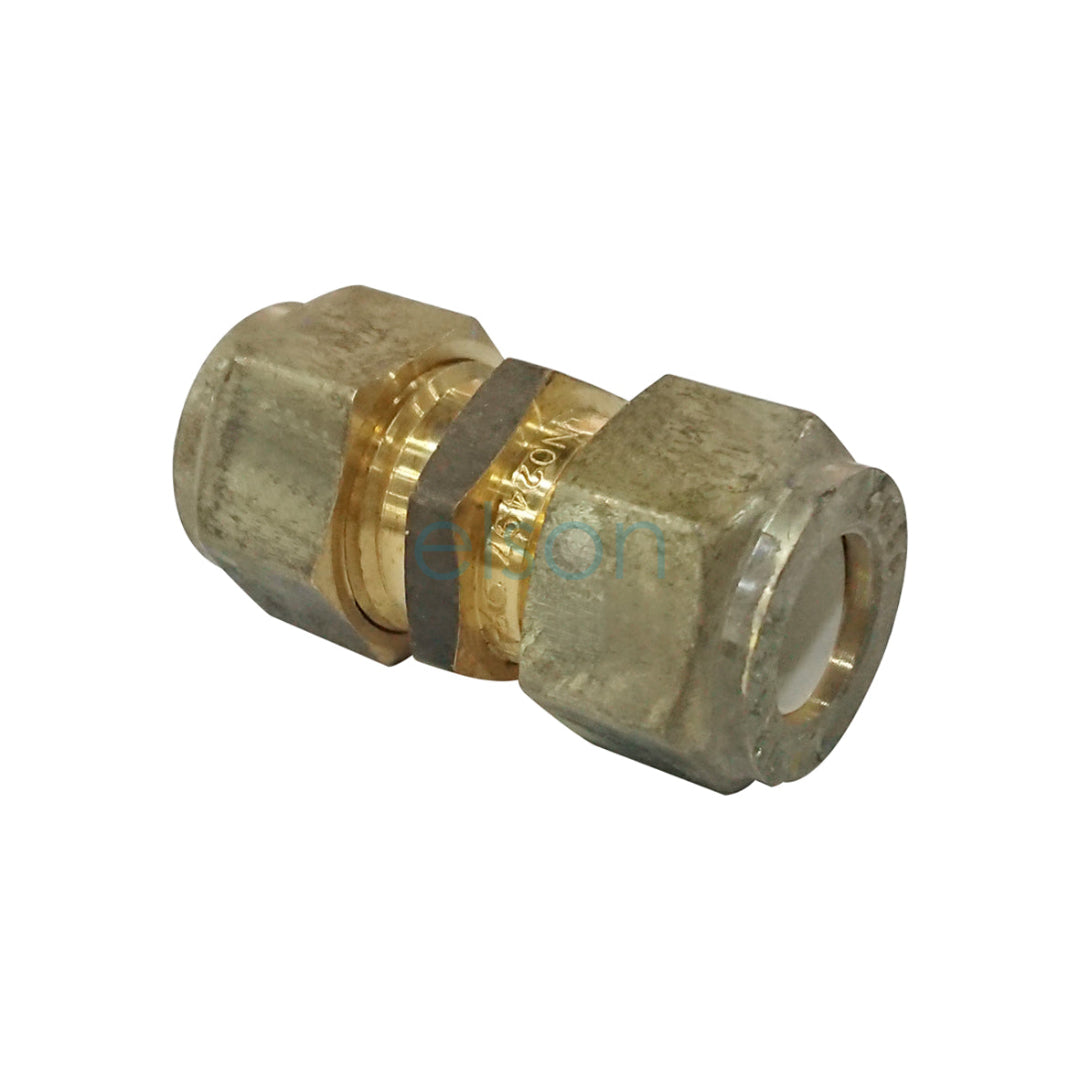 A brass compression union fitting, olive green in color, with a 10mm x 10mm size, designed for potable water applications.