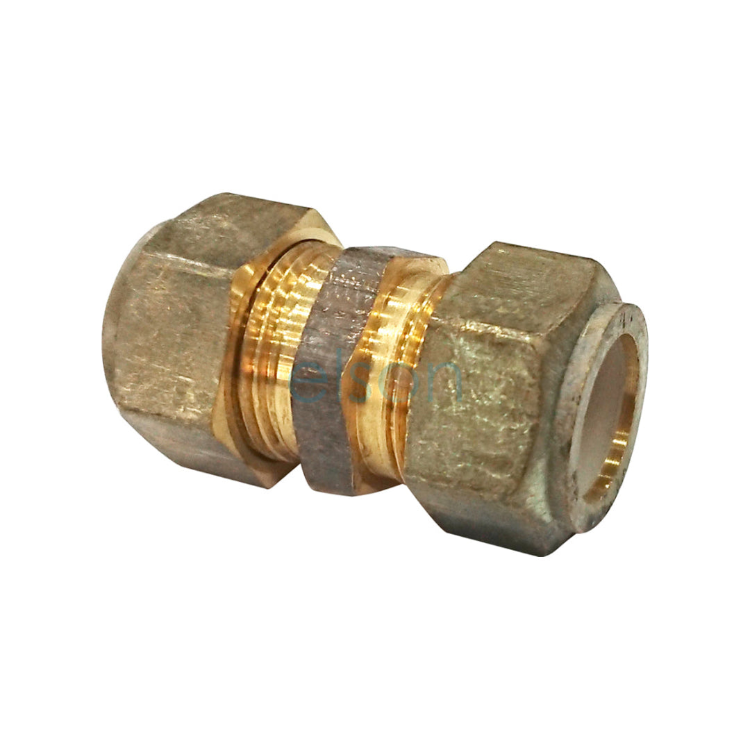 A 20mm x 20mm CxC nylon olive compression union with brass complies, suitable for potable water.