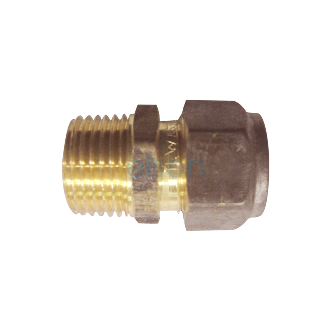 A brass compression union fitting, with a hexagonal shape and threads, for plumbing applications.