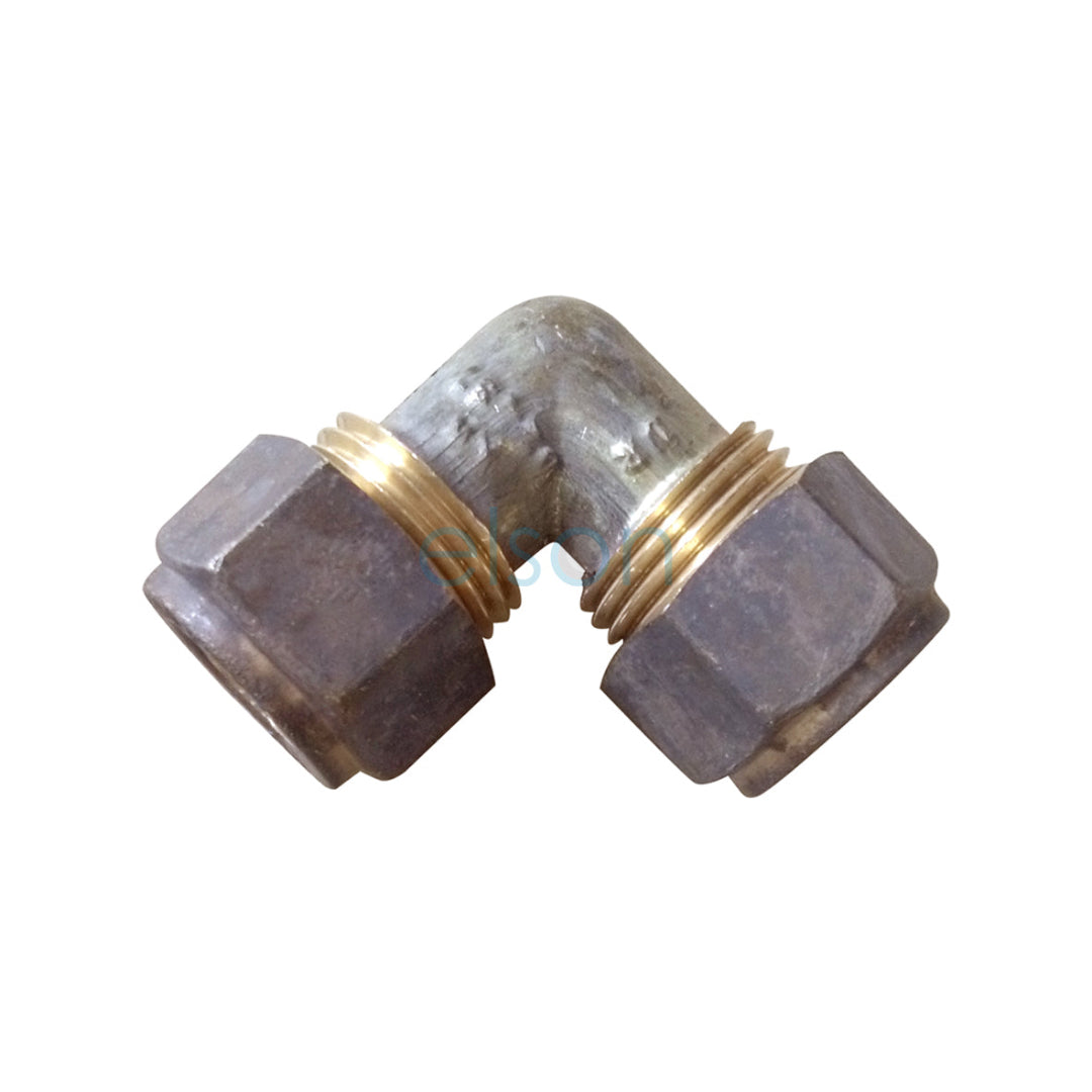 A 15mm x 15mm CxC nylon olive compression elbow with brass complies, suitable for potable water.
