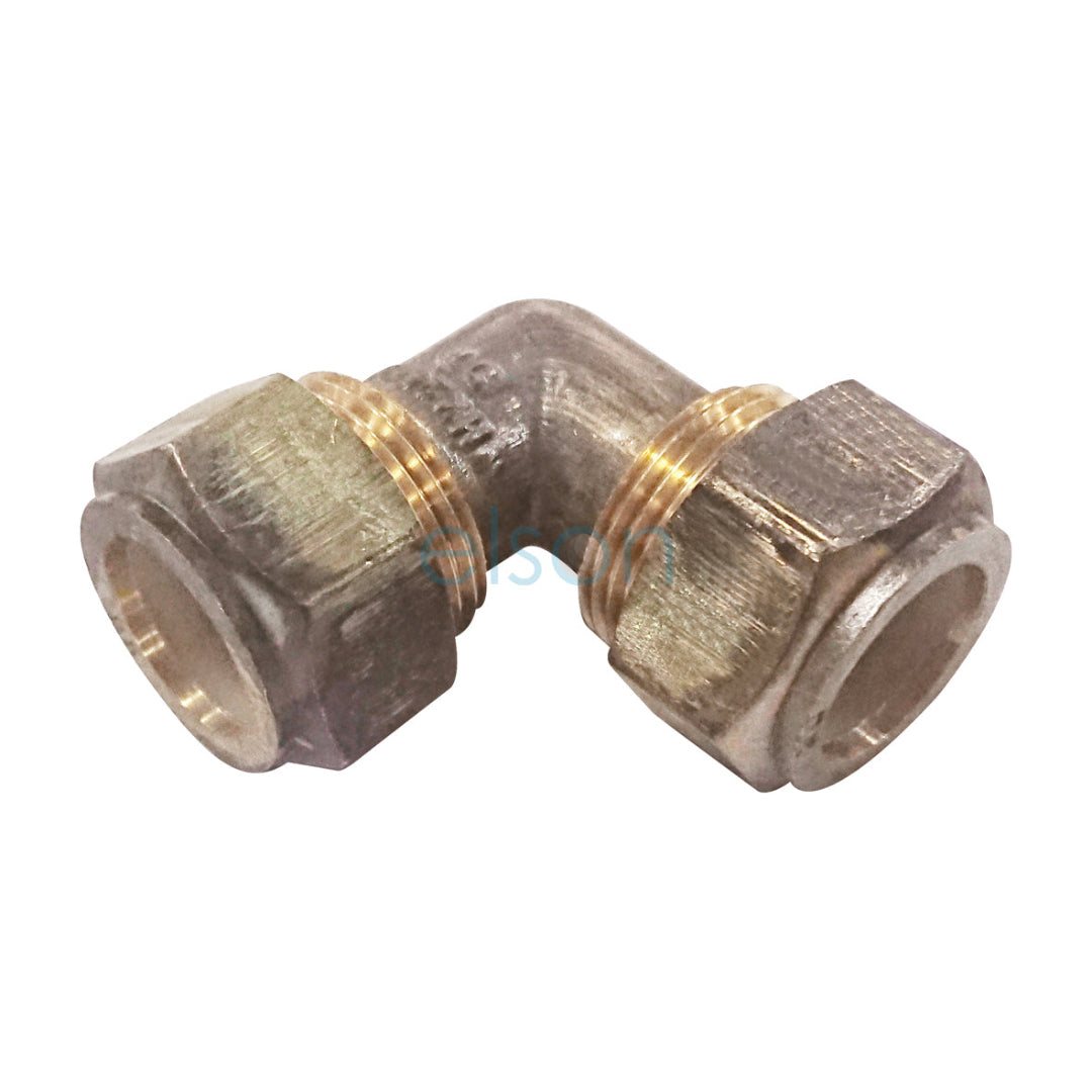 A silver-colored CxC nylon olive compression elbow with brass complies, designed for plumbing applications.