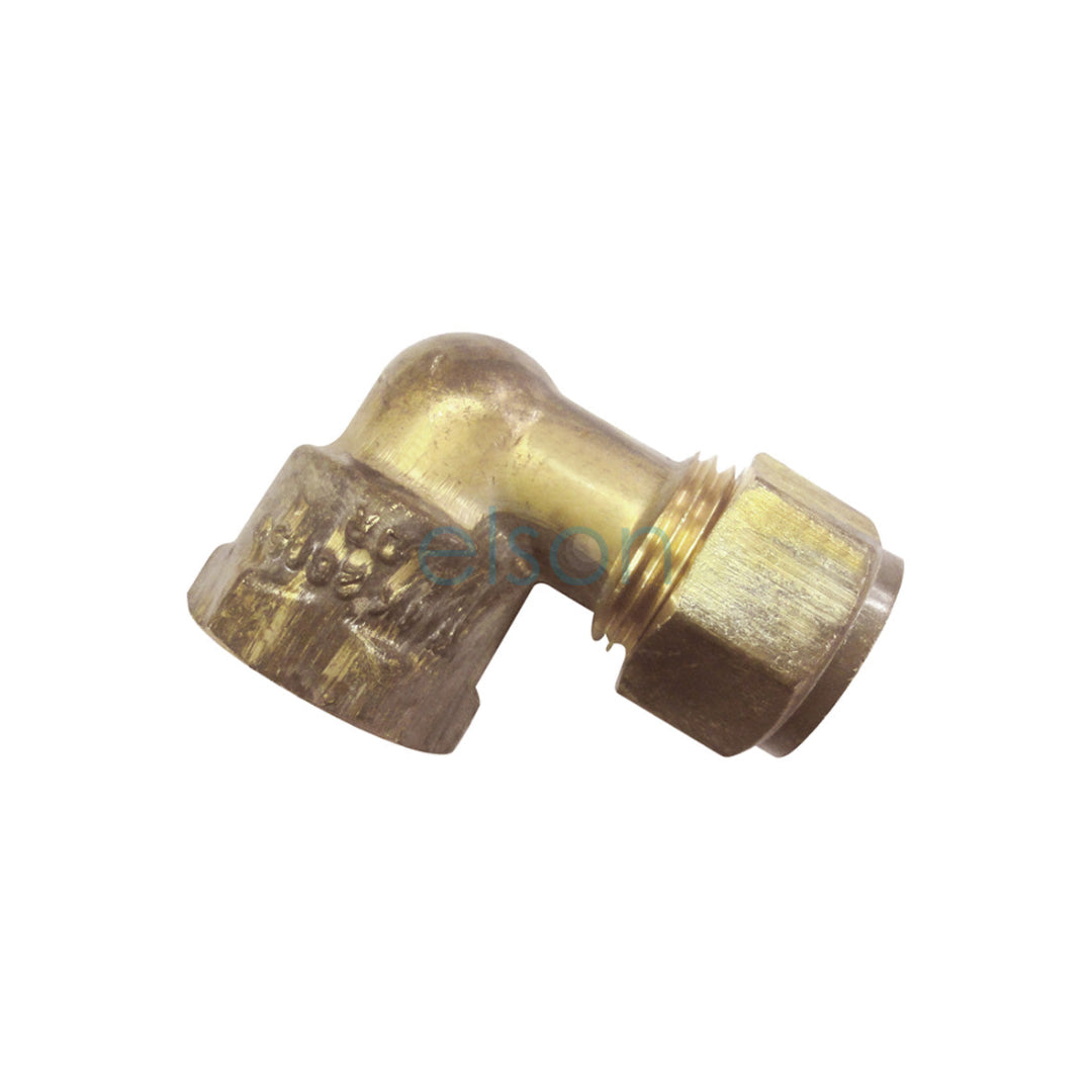 A gold-colored brass compression elbow fitting, typically used in plumbing systems.