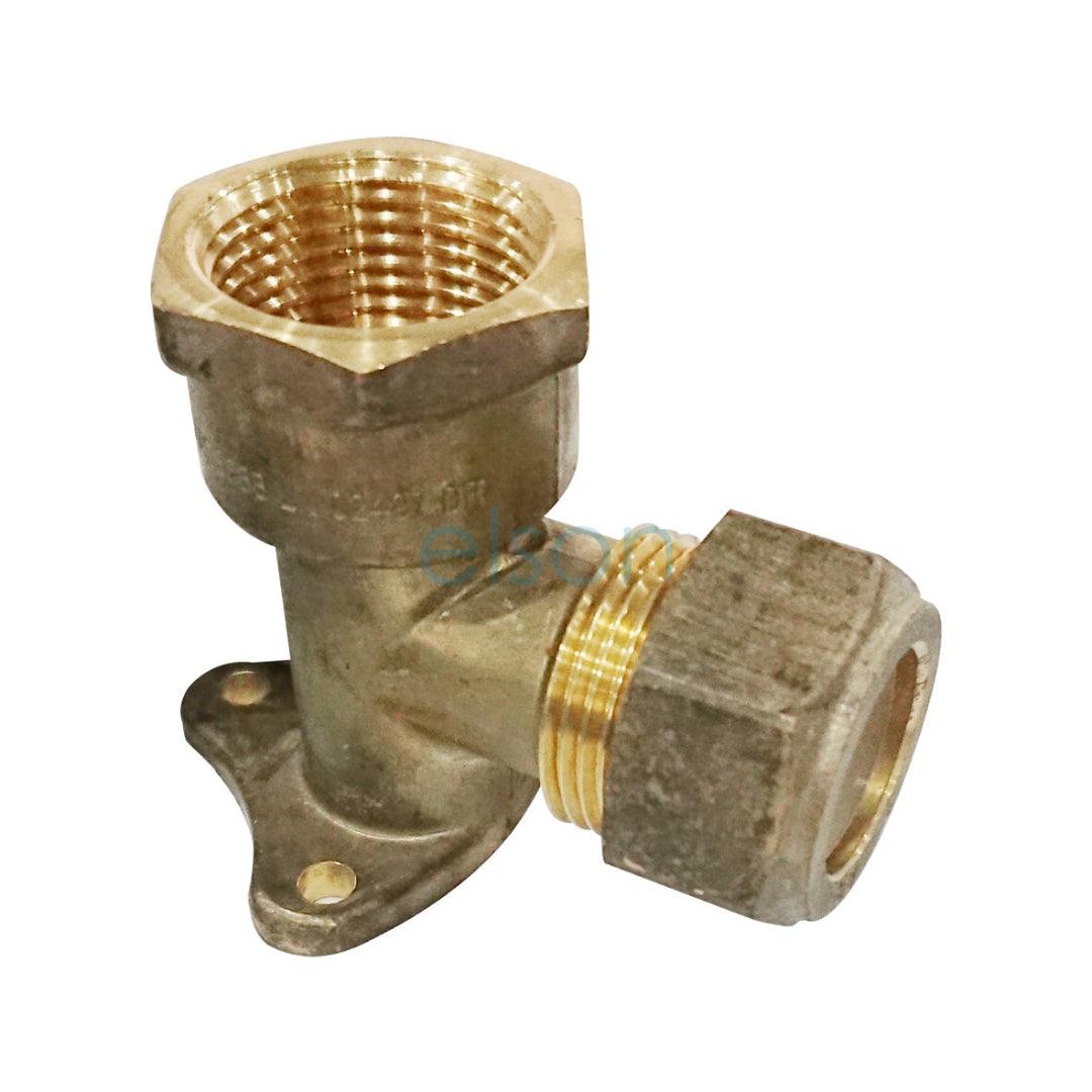 A brass elbow lug fitting with a 20mm Cx20mm dimension, featuring a nylon olive green color and gold-toned threads.